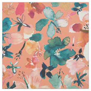 Tecido ISLAND TIME Watercolor Tropical Floral no Peach