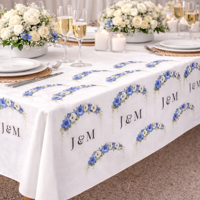 Tecido Ivory Blue Floral Wedding Monogram Bride Groom (Criador carregado)