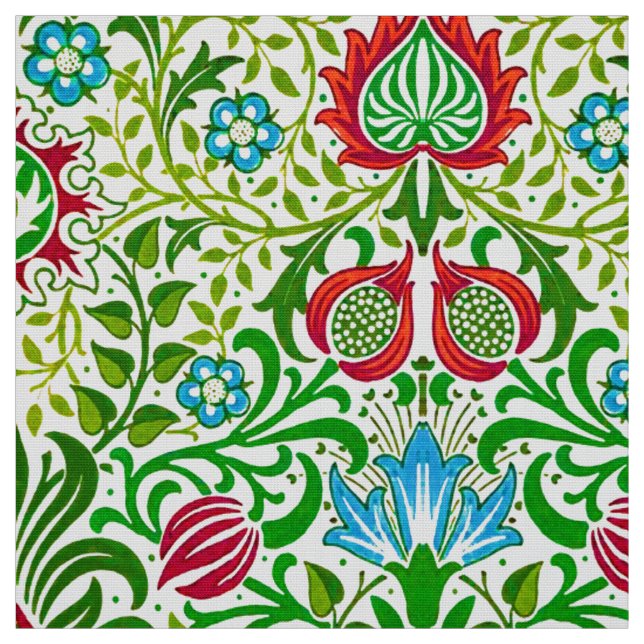 Tecido Jacobean Floral Damask, Green and Coral Red (Modelo)