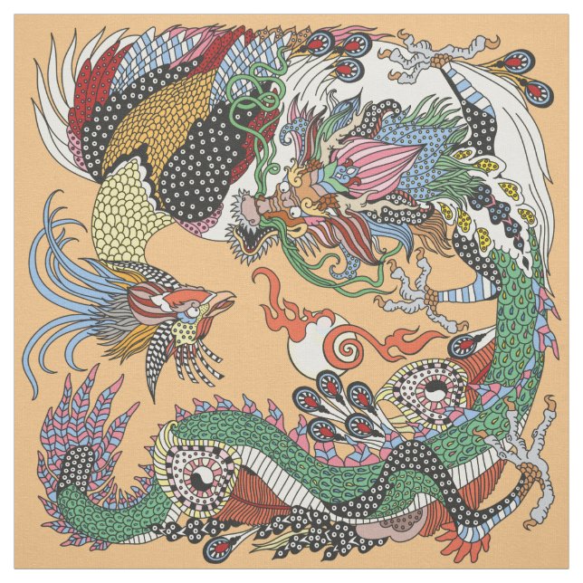 Tecido Jade Dragon e Dourada Phoenix brincando com uma pé (Modelo)