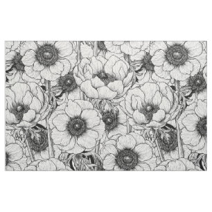 Tecido Jardim anêmono em preto e branco