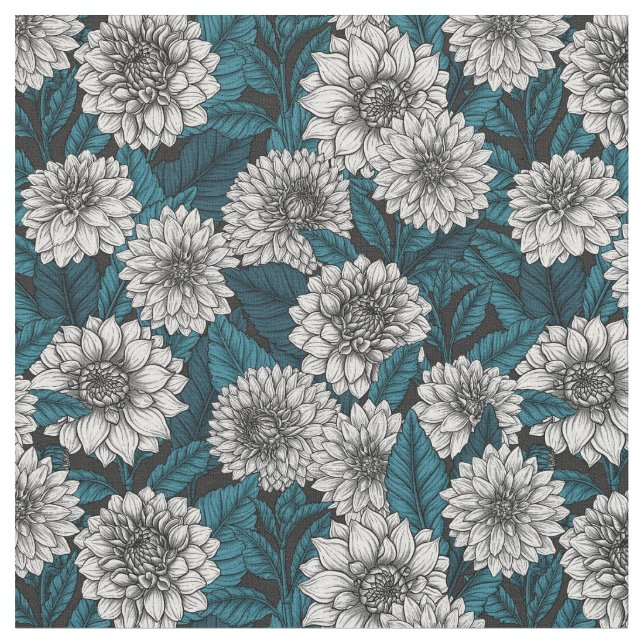 Tecido Jardim branco Dahlia/ folhas azuis 2 (Detalhe)