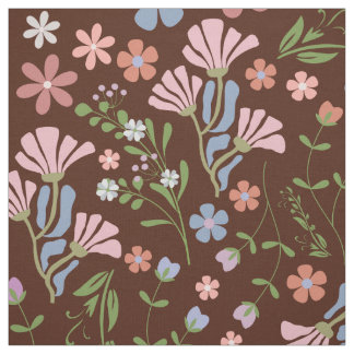 Tecido Jardim primavera com Fundo Castanho de Chocolate