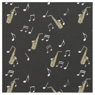 Tecido Jazzy Saxofone e Notas Musicais 