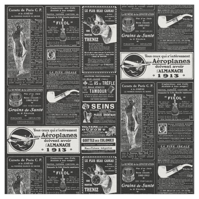 Tecido jornal antigo francês negro victoriano (Detalhe)