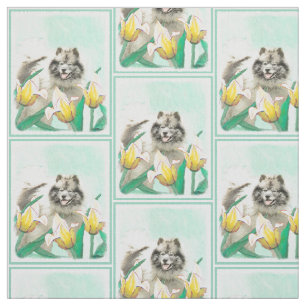 Tecido Keeshond em Tulips pintando uma linda arte canina 