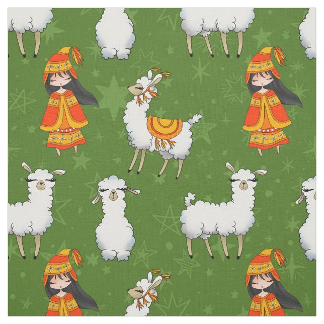 Tecido Lamas brancos bonitos e meninas peruanas (Modelo)