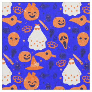 Tecido laranja azul-fantasma floral de halloween