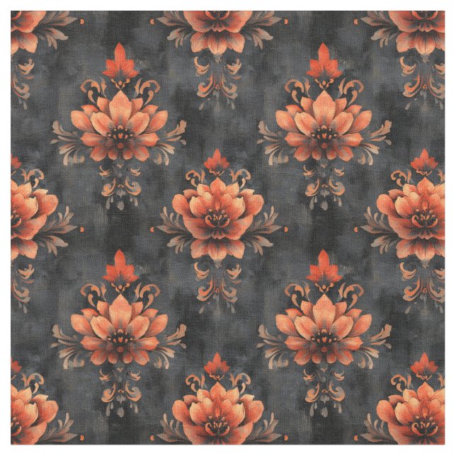 Tecido Laranja - Damasco Floral em Preto Distinto (Detalhe)