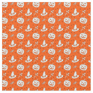 Tecido Laranja Halloween com chapéus brancos e doces