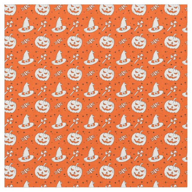 Tecido Laranja Halloween com chapéus brancos e doces (Detalhe)