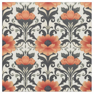Tecido Laranja / Preto / Cinza Arte Floral Nouveau