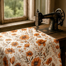 Tecido Laranja Queimada Botânica em Floral Branco