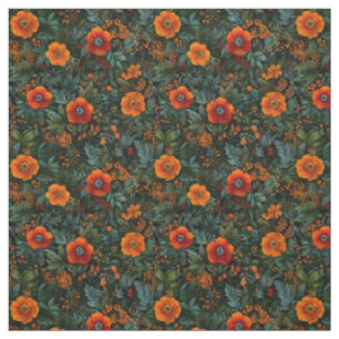 Tecido Laranja Rústico Verde Botânico Ousado Floral Vinta