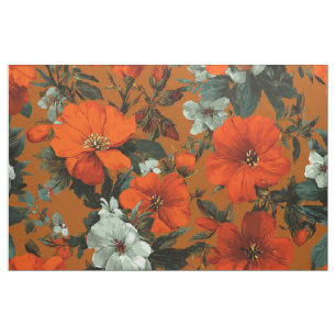 Tecido Laranja Rústico Verde Botânico Ousado Floral Vinta