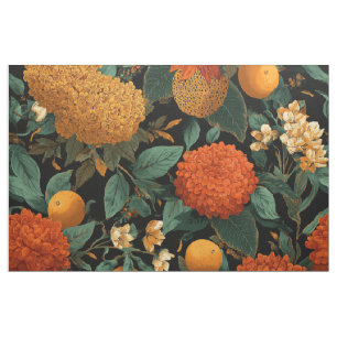 Tecido Laranja Rústico Verde Botânico Ousado Floral Vinta