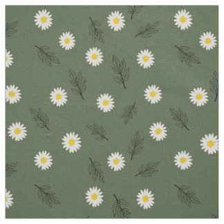Tecido Large Olive Daisy Scatter - Ivory Linen Fabric