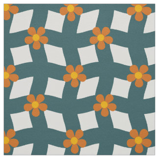Tecido Large Teal Orange Floral Grid Cotton Twill