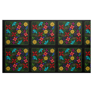 Tecido Latino Folk Floral elegante   Preto