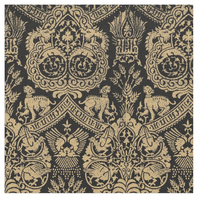 Tecido Leões, Pássaros E Dragões Medievais (Detalhe)