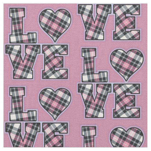 Tecido Letras de LOVE Empilhadas em Xadrez Rosa e Preto (Detalhe)