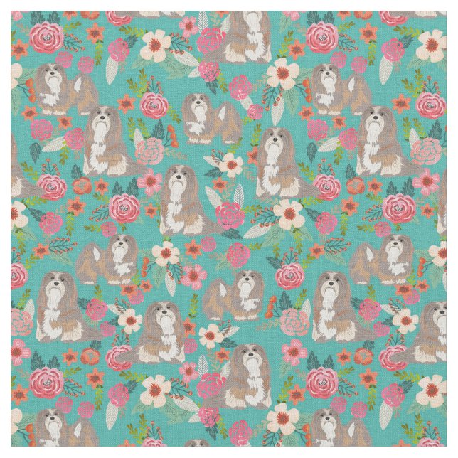 Tecido Lhasa Apso cão vintage floresce turquesa (Detalhe)