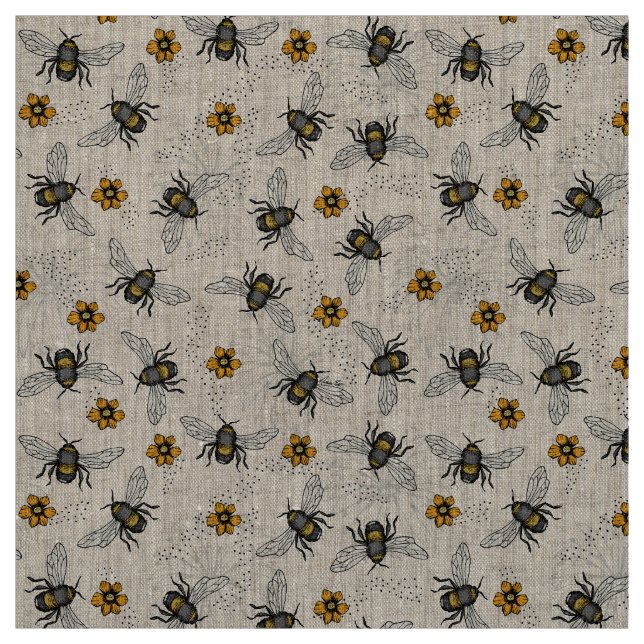 Tecido Linen Rustic Natural Illustrated Honey Bee Floral (Modelo)
