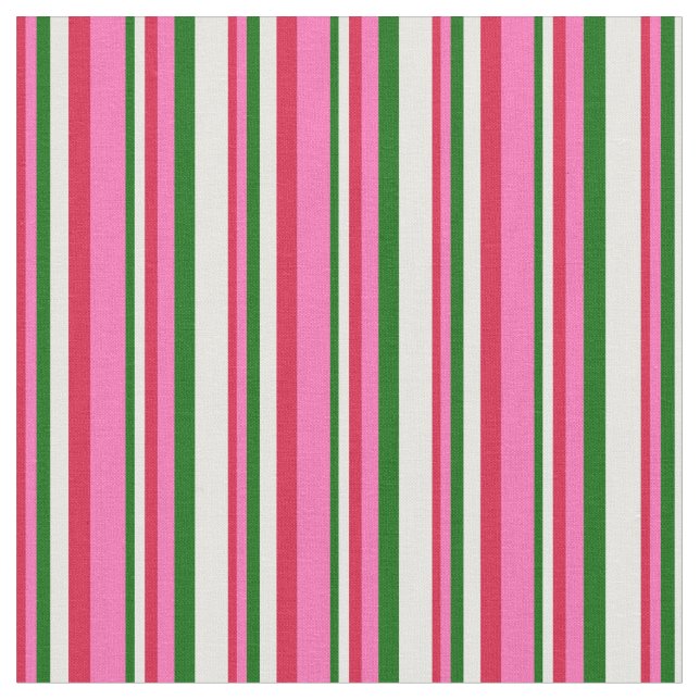 Tecido Linhas de Creme, Rosa Quente, Verde Escuro e Creme (Detalhe)