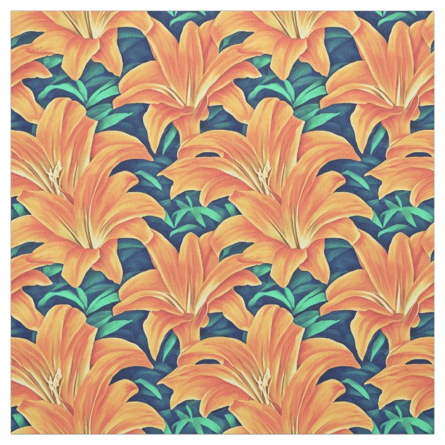 Tecido Lírios do Dia Laranja com Folhas Verdes (Modelo)