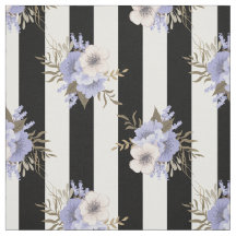 Listra Preta e Branca com Floral Azul e Creme