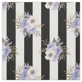 Tecido Listra Preta e Branca com Floral Azul e Creme