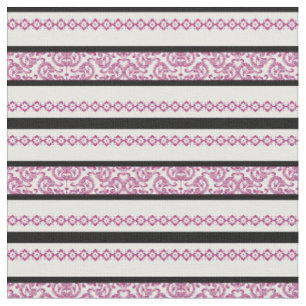 Tecido Listras pretas e brancas com padrão floral magenta