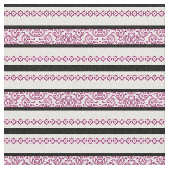 Tecido Listras pretas e brancas com padrão floral magenta (Detalhe)