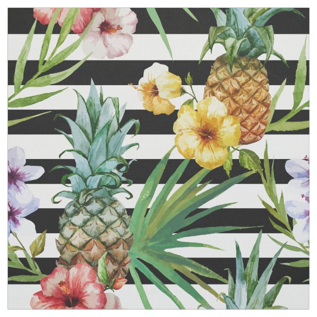 Tecido Listras tropicais do preto da flor do abacaxi da (Modelo)