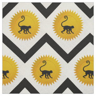 Tecido Macaco chinês Zodiac   Branco, Dourado e Preto