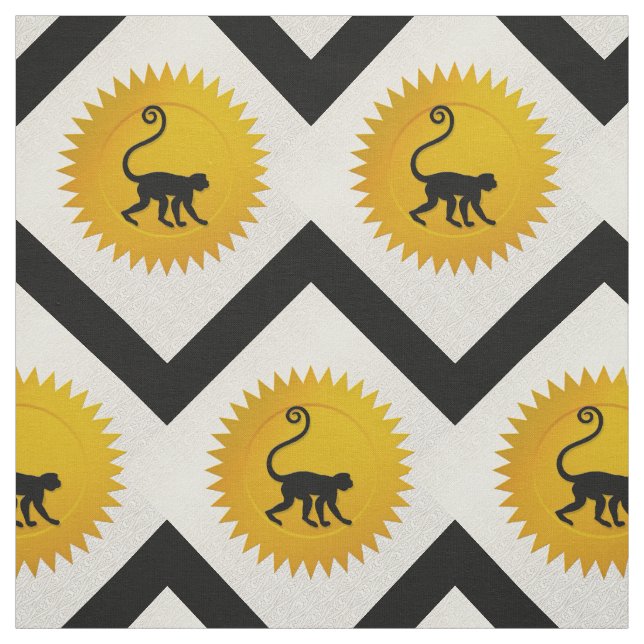 Tecido Macaco chinês Zodiac | Branco, Dourado e Preto (Modelo)