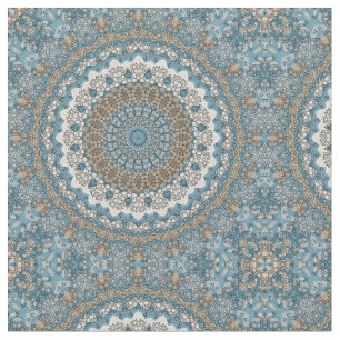 Tecido Mandala Azul e Bege Intrincado Padrão Geométrico