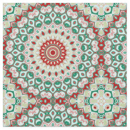 Tecido Mandala de Feriado em Vermelho, Verde e Branco de 