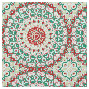 Tecido Mandala de Feriado em Vermelho, Verde e Branco de 