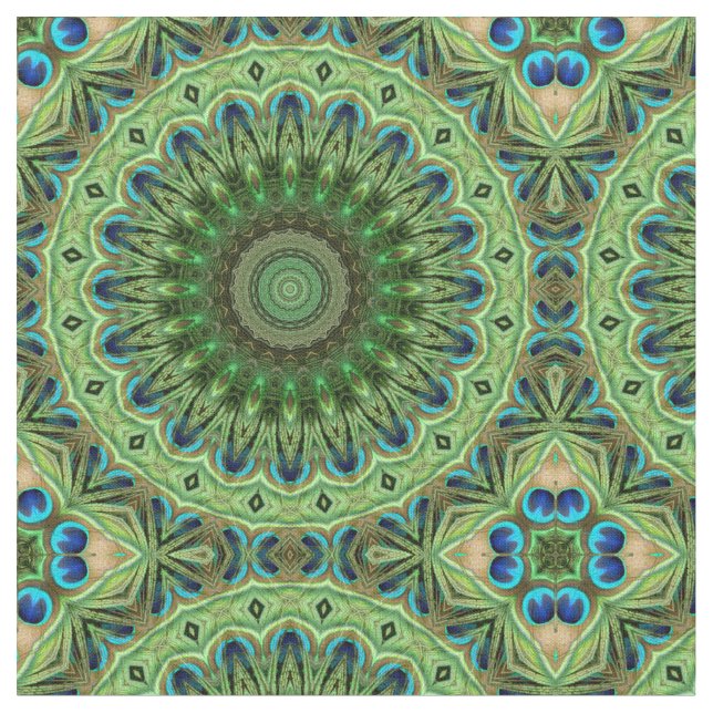 Tecido Mandala de Pena de Pavão Simetria Esmeralda e Azul (Detalhe)