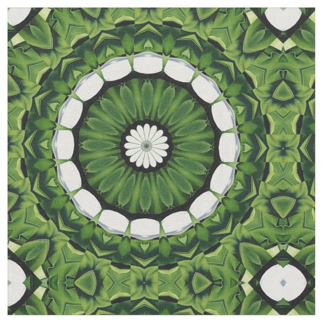 Tecido Mandala verde e branca tropical da flora (Detalhe)