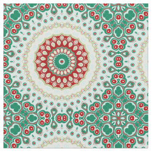 Tecido Mandalas de Natal em Vermelho, Verde e Azul Gélido