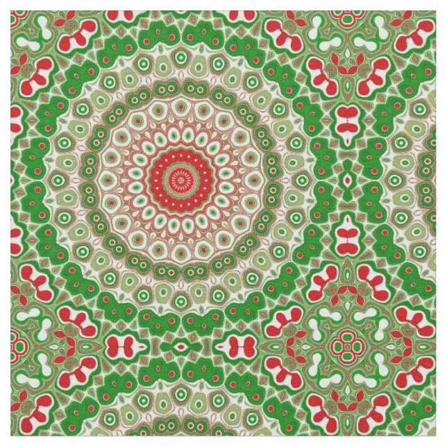 Tecido Mandalas Festivas Vermelhas e Verdes com Simetria  (Detalhe)
