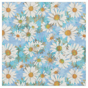 Tecido Margaridas brancas no teste padrão floral azul