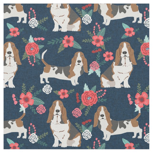 Tecido marinho Basset Hound e floral rosa (Detalhe)