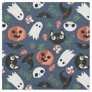 Tecido Marinho de Gatos e Pumpkins Padrão Azul de Hallow