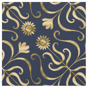 Tecido Marinho Floral Elegante Damasco Azul e Dourado Gir