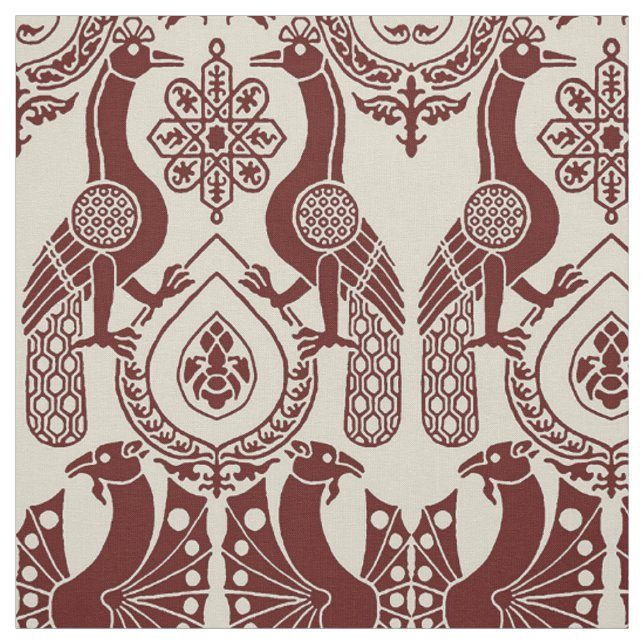 Tecido Maroon e Ivory Medieval Peacocks e Dragões (Modelo)
