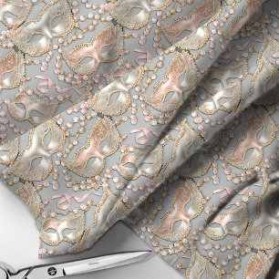 Tecido Mascarada Pattern Miçanga Máscaras Rosa Dourado ID