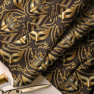 Tecido Mascarada Pattern Miçanga Mask Black Dourado ID103